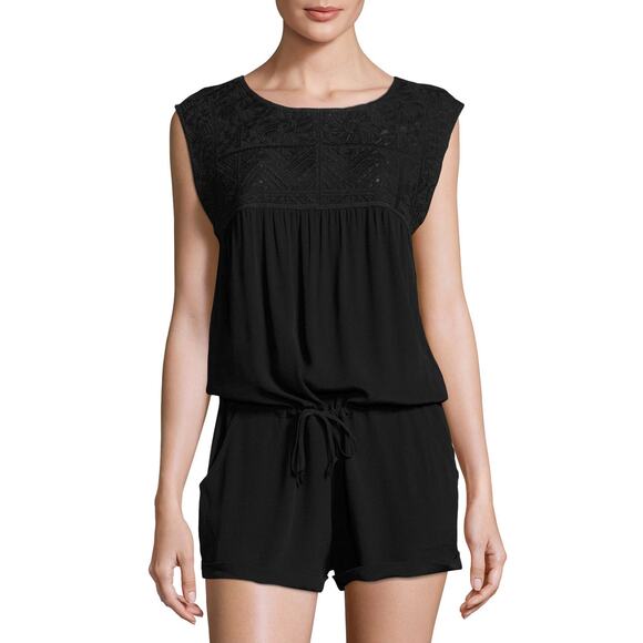 L Space Black Carly Embroidered Yoke Sleeveless Romper - Picture 2 of 11